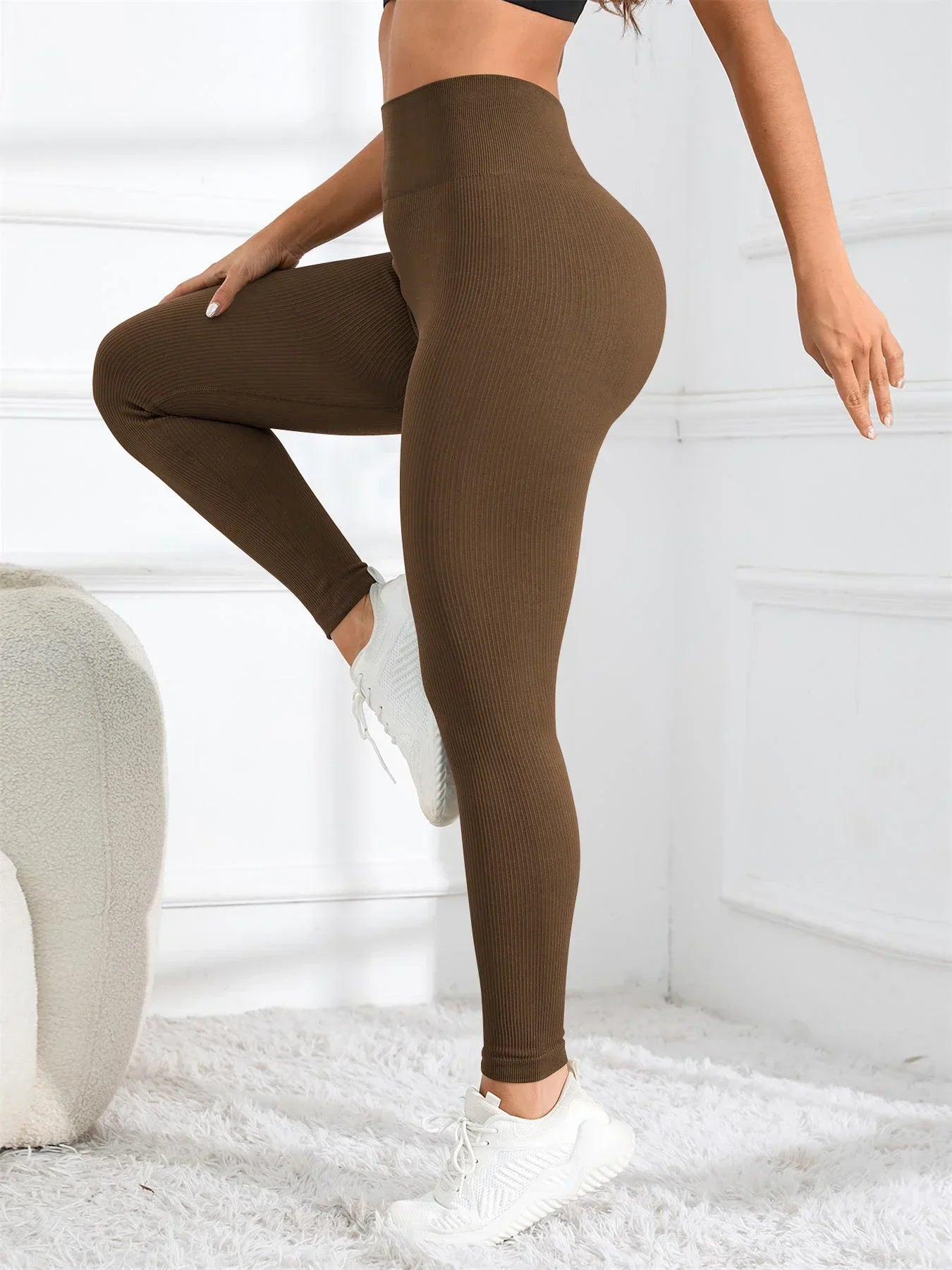 High-Waisted Seamless Yoga Leggings Ribbed Tights